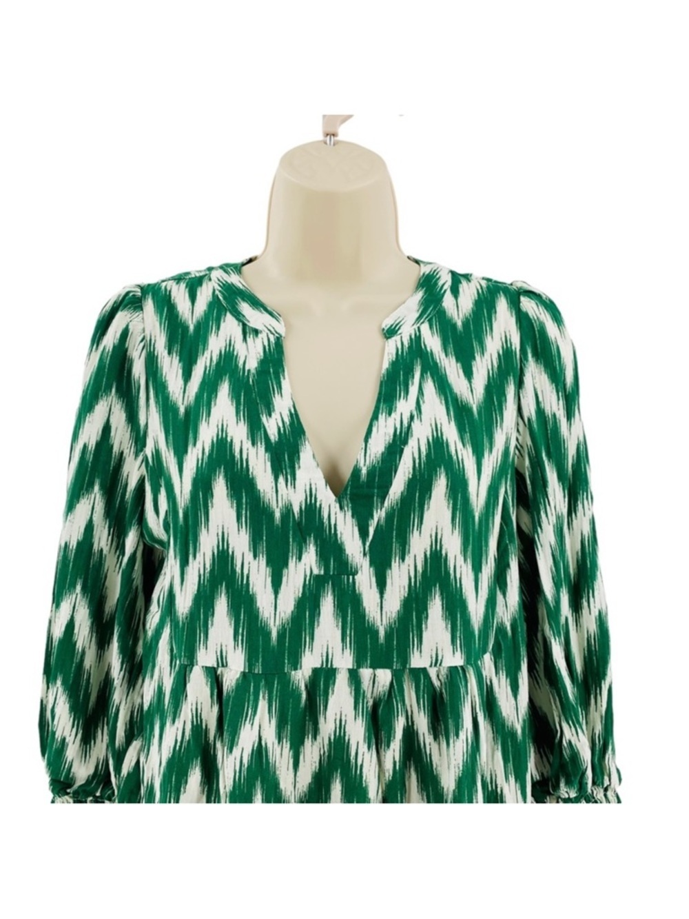 Pomander Place Tuckernuck Green White Ikat Zig Zag Print Tiered Dress Size M - Picture 10 of 14